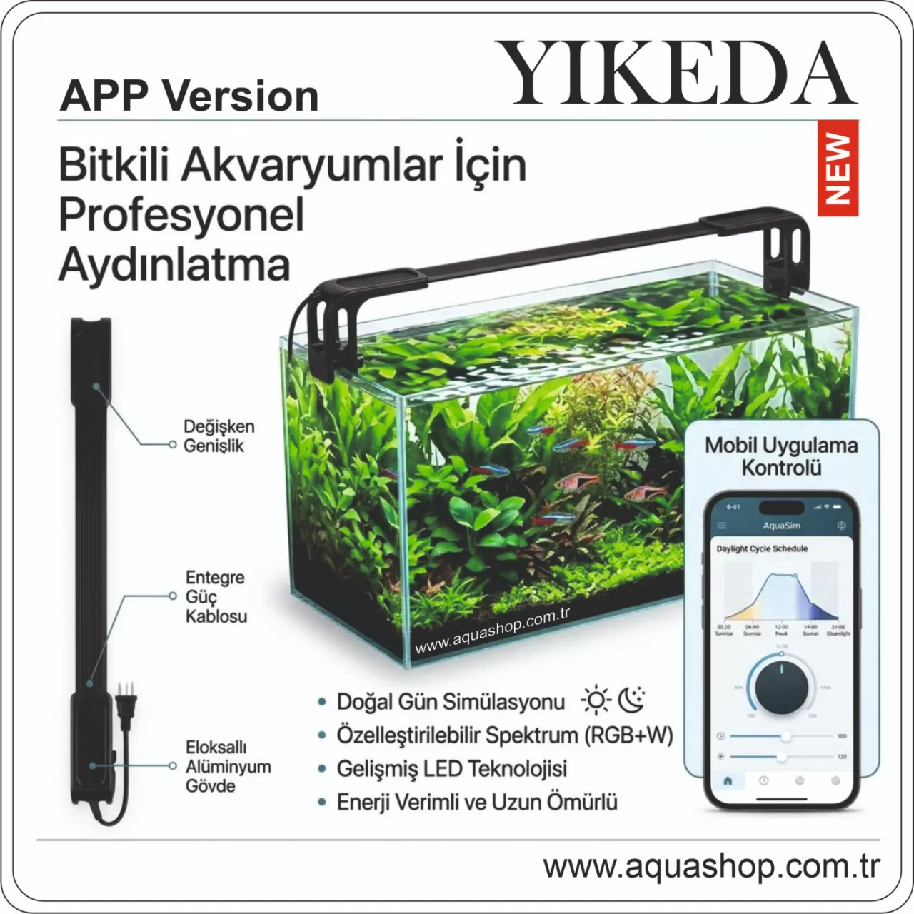 YIKEDA RGB-W LED 8,4W 28.8 (30–40 cm) | Mobil uygulama Kontrollü